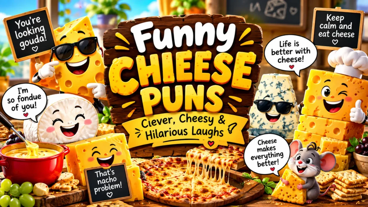 Funny cheese puns with cartoon cheese
