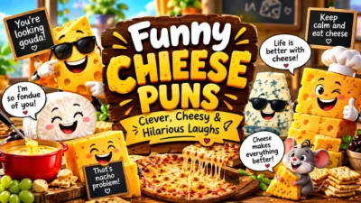 Funny cheese puns with cartoon cheese