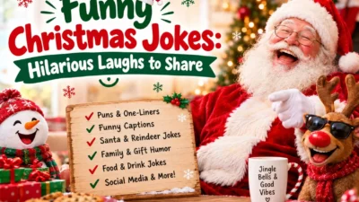 Funny Christmas jokes graphic featuring Santa, a laughing snowman, Rudolph, Christmas gifts, cookies, and festive decorations.