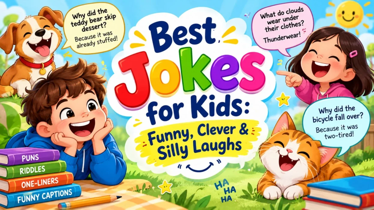 Best Jokes for Kids: Funny, Clever & Silly Laughs with colorful cartoon children, a dog, cat, and funny joke bubbles.