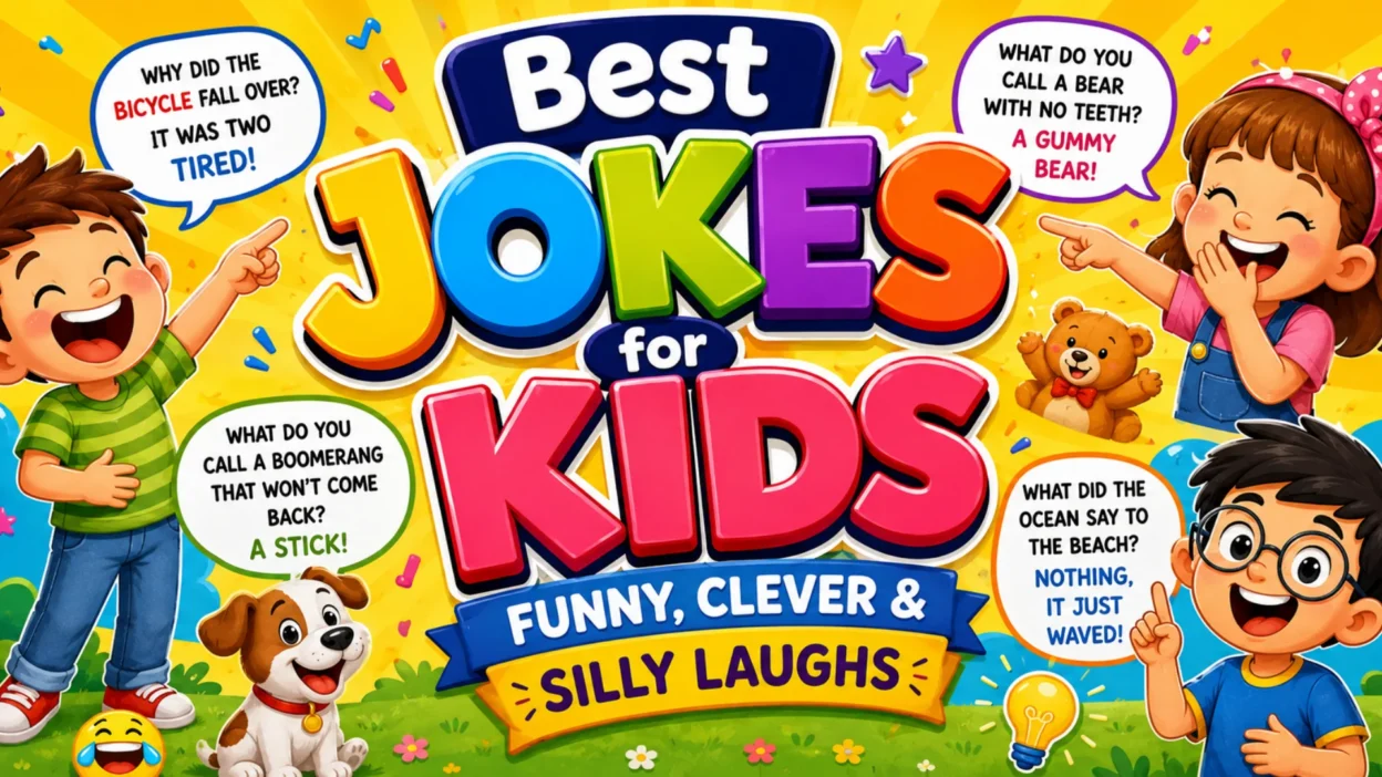 Best jokes for kids featuring funny cartoon children and silly joke speech bubbles.