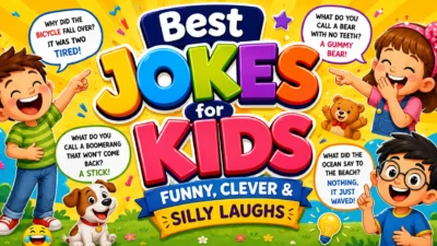 Best jokes for kids featuring funny cartoon children and silly joke speech bubbles.