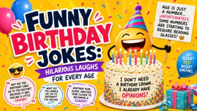 Funny birthday jokes graphic with cake, balloons, candles, gifts, and hilarious age jokes