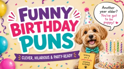Funny birthday puns graphic with colorful party balloons, birthday cake, and cute dog