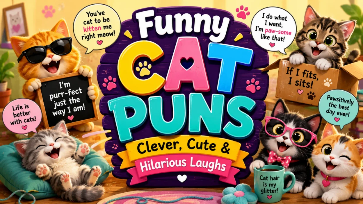 Funny cat puns featuring cute and hilarious cats