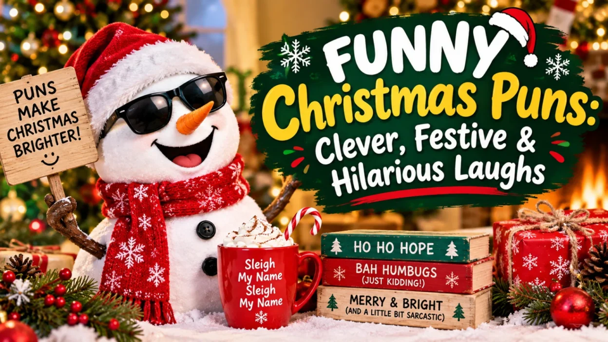 Funny Christmas puns featuring a cheerful snowman, Christmas tree, gifts, and festive holiday decorations