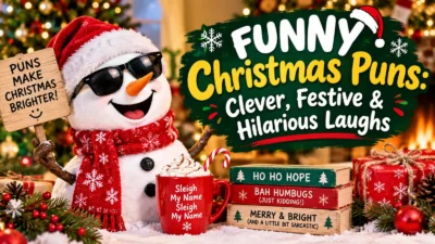 Funny Christmas puns featuring a cheerful snowman, Christmas tree, gifts, and festive holiday decorations