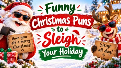 Funny Christmas puns with Santa and a reindeer wearing sunglasses during the holiday season