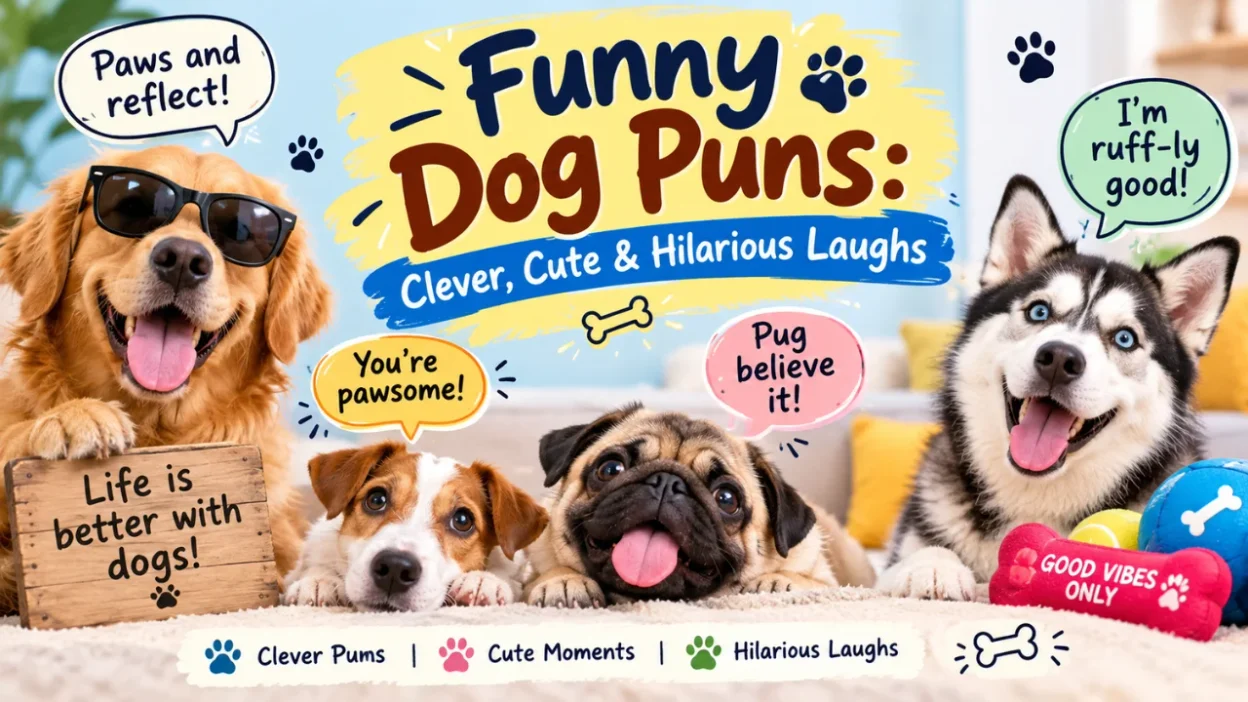 Funny dog puns featuring adorable dogs with playful speech bubbles, paw prints, and humorous captions