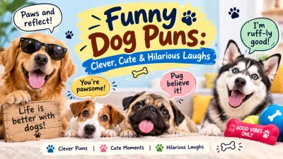 Funny dog puns featuring adorable dogs with playful speech bubbles, paw prints, and humorous captions