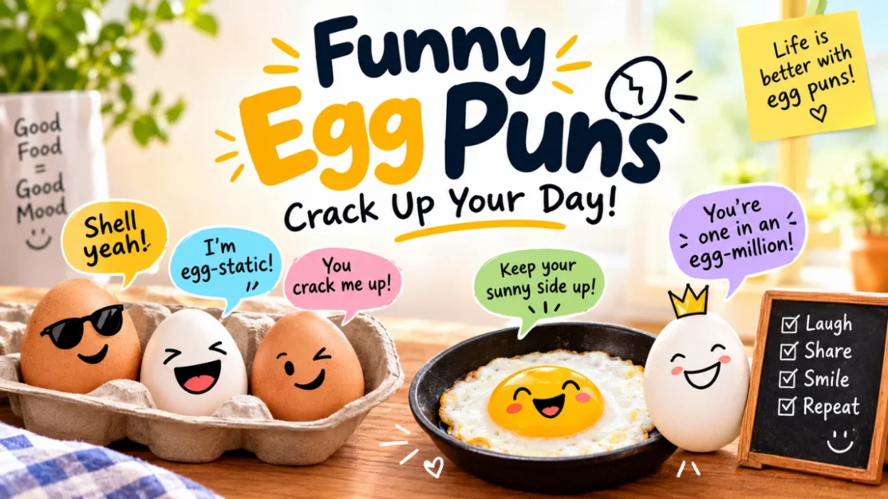 Funny egg puns graphic featuring cute cartoon eggs, breakfast jokes, and playful egg-themed captions