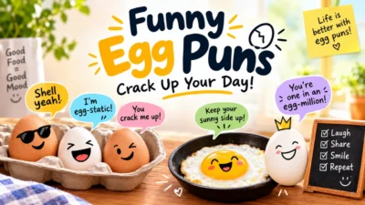 Funny egg puns graphic featuring cute cartoon eggs, breakfast jokes, and playful egg-themed captions