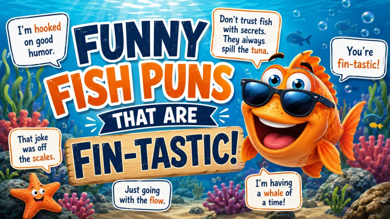 Funny fish puns with a smiling fish wearing sunglasses