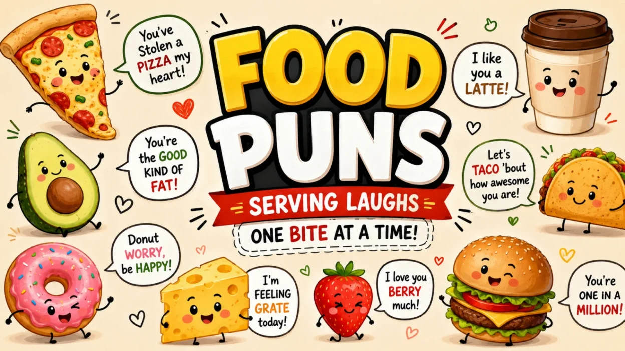 Funny food puns with colorful cartoon food characters