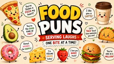 Funny food puns with colorful cartoon food characters