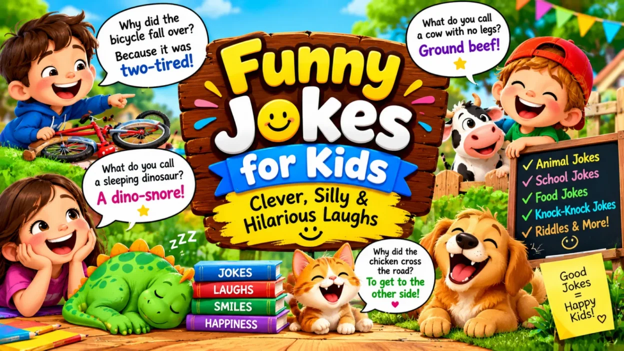 Funny jokes for kids featuring cheerful children, playful animals, silly riddles, and colorful cartoon illustrations