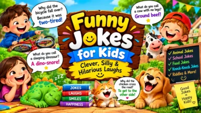 Funny jokes for kids featuring cheerful children, playful animals, silly riddles, and colorful cartoon illustrations