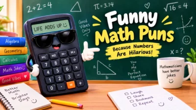 Funny math puns with a cartoon calculator, numbers, equations, and playful classroom humor