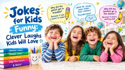 Jokes for kids funny with silly jokes, laughing children, and playful classroom illustrations