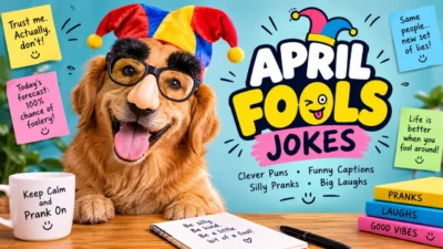 Funny April Fools jokes with a playful dog, colorful jester hat, prank notes, and cheerful decorations