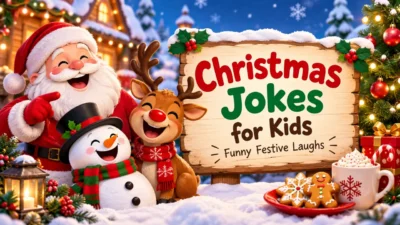 Christmas jokes for kids with Santa, snowman, reindeer, Christmas tree and gifts
