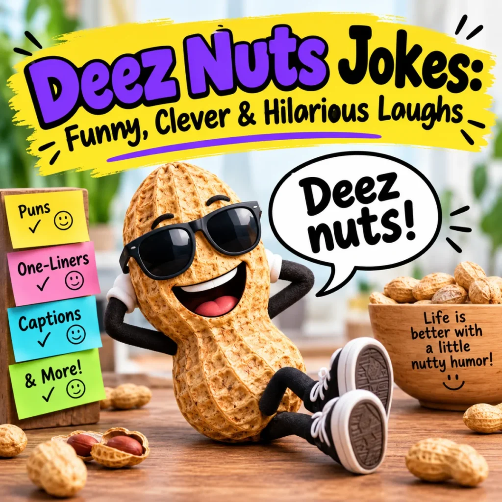 Funny Deez Nuts jokes featuring a cartoon peanut wearing sunglasses with playful joke captions