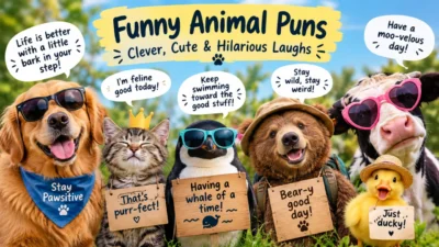 Funny animal puns with cute dog, cat, penguin, bear, cow and duck