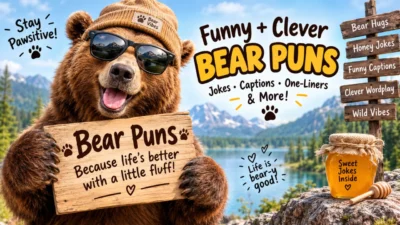 Funny bear puns with a cheerful bear, honey jokes, captions, and clever wordplay
