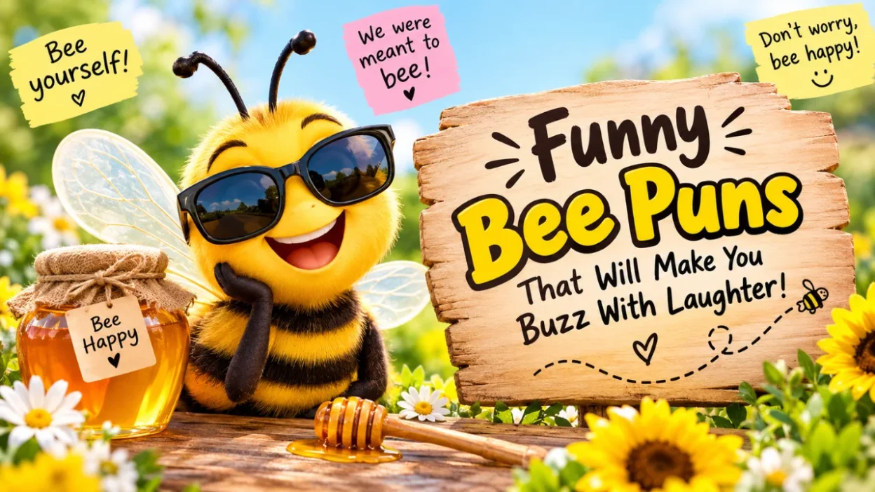 Funny bee puns featuring a cheerful bee wearing sunglasses with honey and flowers