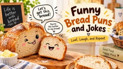 Funny bread puns and jokes with playful bread characters