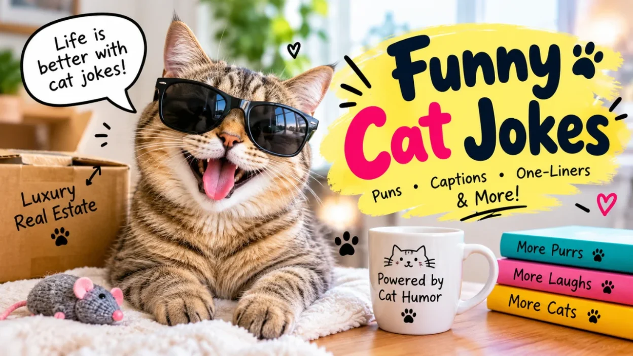 Funny cat jokes featuring a smiling cat in sunglasses with playful humor and pun-themed decorations