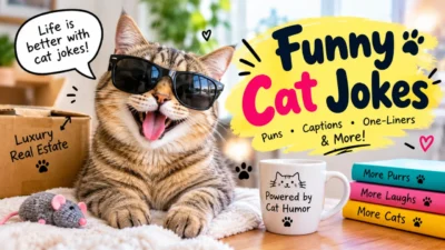 Funny cat jokes featuring a smiling cat in sunglasses with playful humor and pun-themed decorations