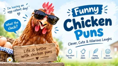 Funny chicken puns with a cheerful chicken, eggs, and playful humor text