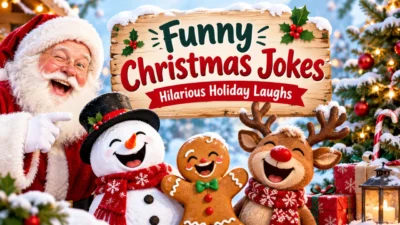 Funny Christmas jokes with Santa, snowman, gingerbread man, and Rudolph