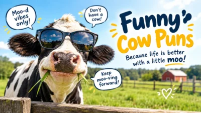Funny cow puns featuring a Holstein cow wearing sunglasses on a sunny farm