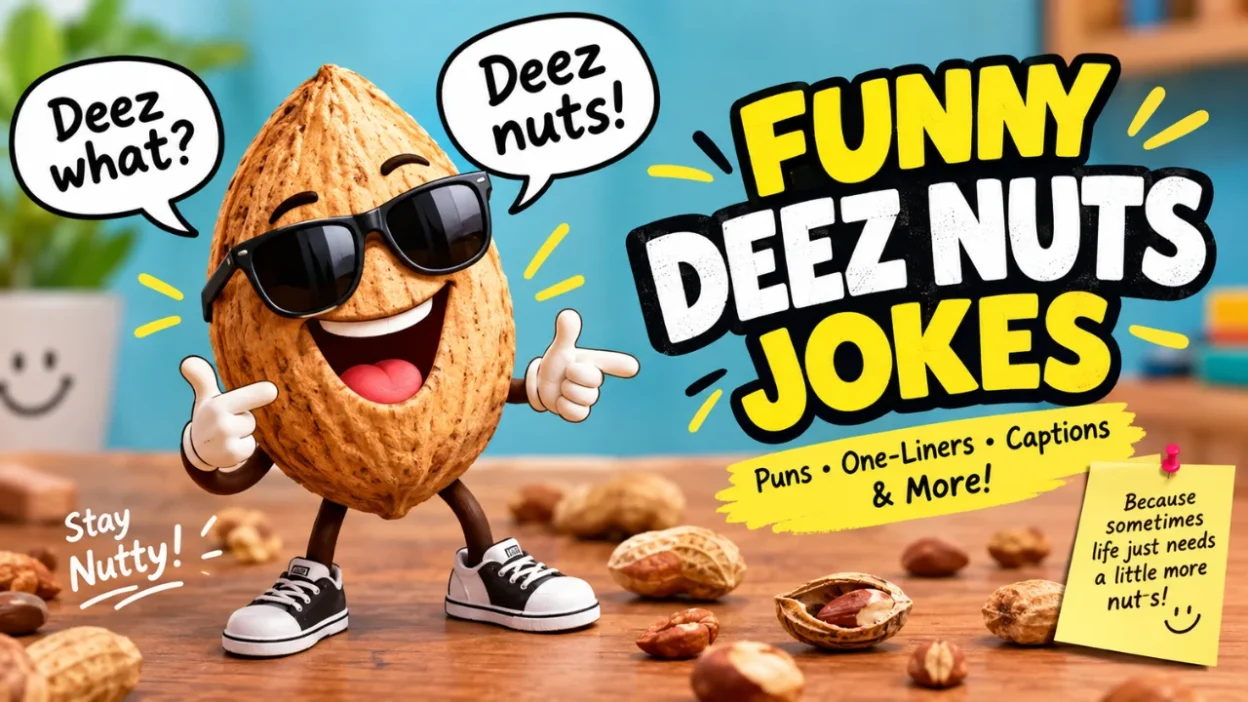 Funny Deez Nuts jokes featuring a cartoon nut wearing sunglasses with playful speech bubbles and joke captions