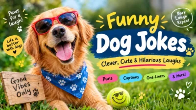 Funny dog jokes featuring a happy golden retriever wearing sunglasses and a blue paw-print bandana