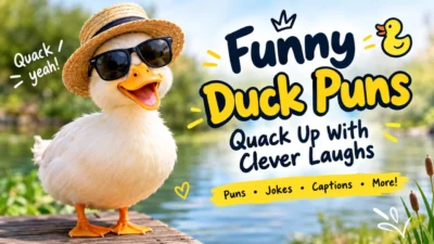 Funny duck puns with a smiling duck wearing sunglasses and a straw hat