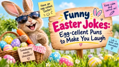Funny Easter jokes bunny with egg-cellent puns sign