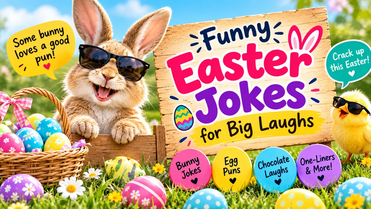 Funny Easter jokes with a smiling bunny wearing sunglasses, colorful Easter eggs, and a cheerful chick