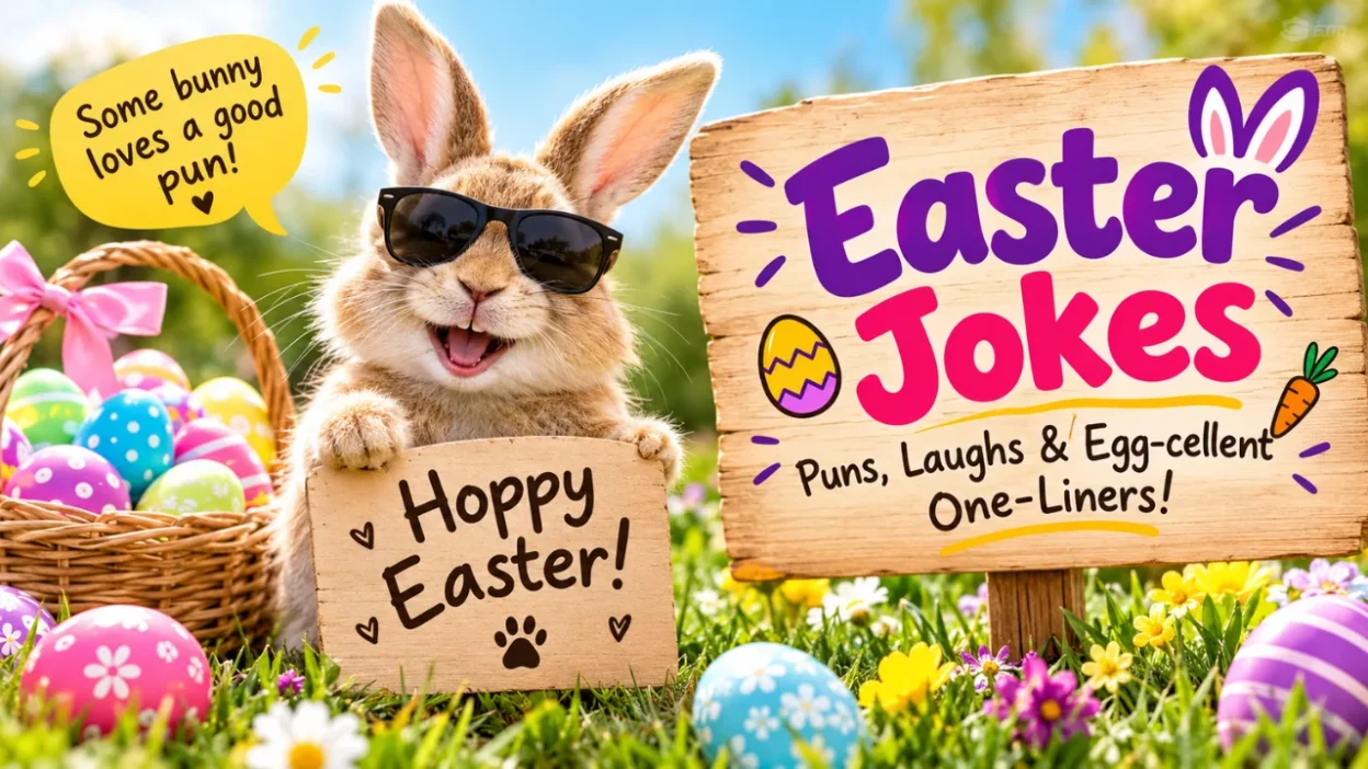 Funny Easter jokes featuring a smiling bunny with sunglasses, colorful Easter eggs, and a sign with Easter puns