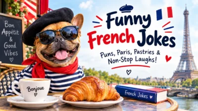 Funny French jokes and Paris puns featuring a French bulldog wearing a beret beside a croissant, coffee, and the Eiffel Tower