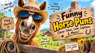 Funny horse puns featuring a smiling horse wearing sunglasses with humorous signs