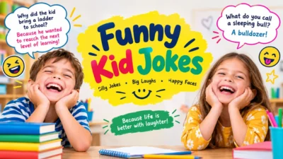 Funny kid jokes featuring two laughing children, colorful school setting, and playful joke speech bubbles.