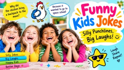 Funny kids jokes with happy children, silly punchlines, and colorful cartoon chicken