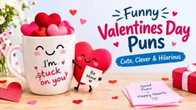 Funny Valentines Day Puns with cute hearts and chocolates