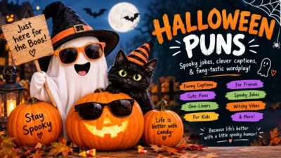 Halloween puns with funny spooky jokes, captions, ghost, black cat, witch hat, and pumpkins