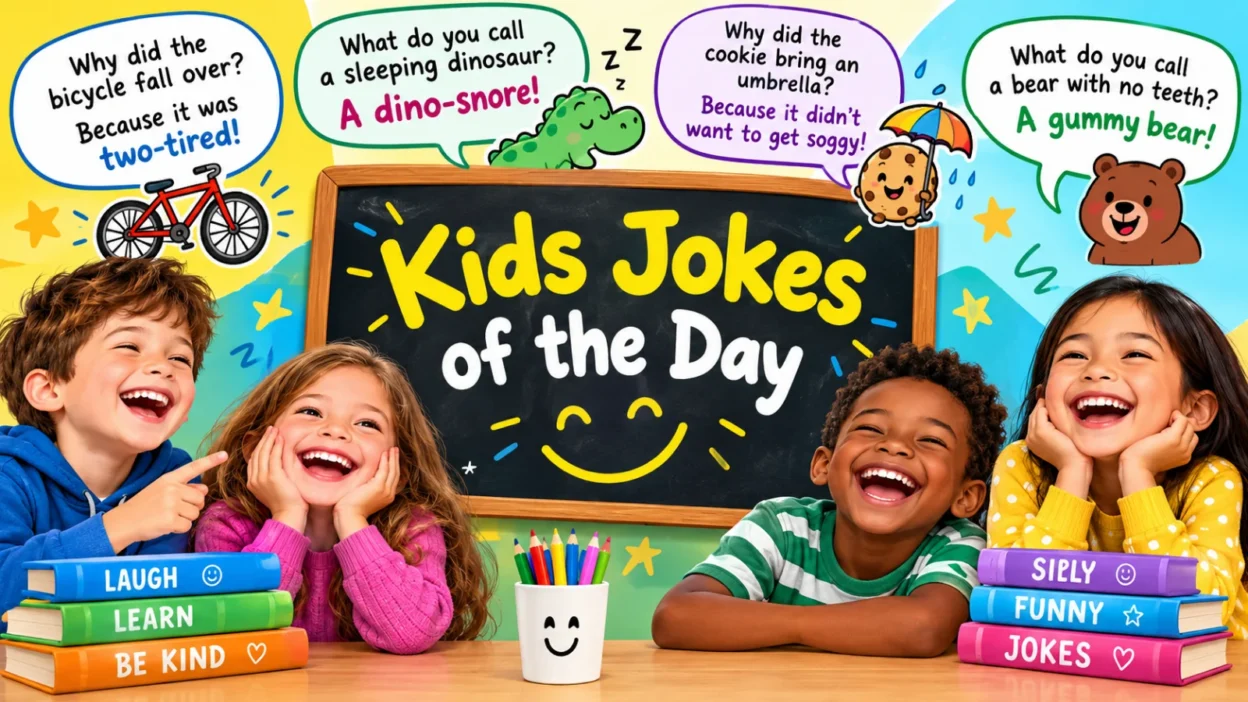 Kids jokes of the day with laughing children, funny cartoons, and silly joke bubbles
