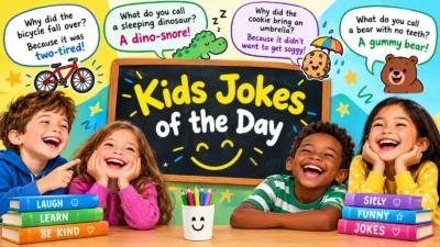 Kids jokes of the day with laughing children, funny cartoons, and silly joke bubbles