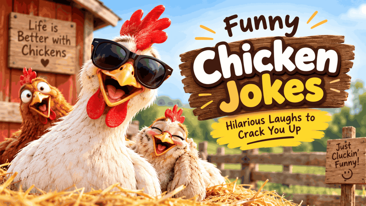 Funny chicken jokes featuring laughing cartoon chickens wearing sunglasses on a farm.